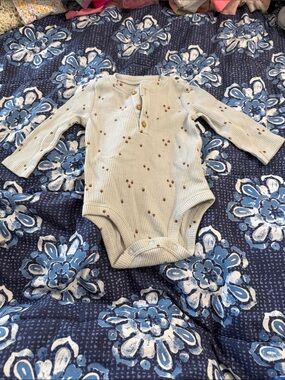 Long-Sleeve Waffle Knit Baby One-Piece in Light Blue with Acorn Print